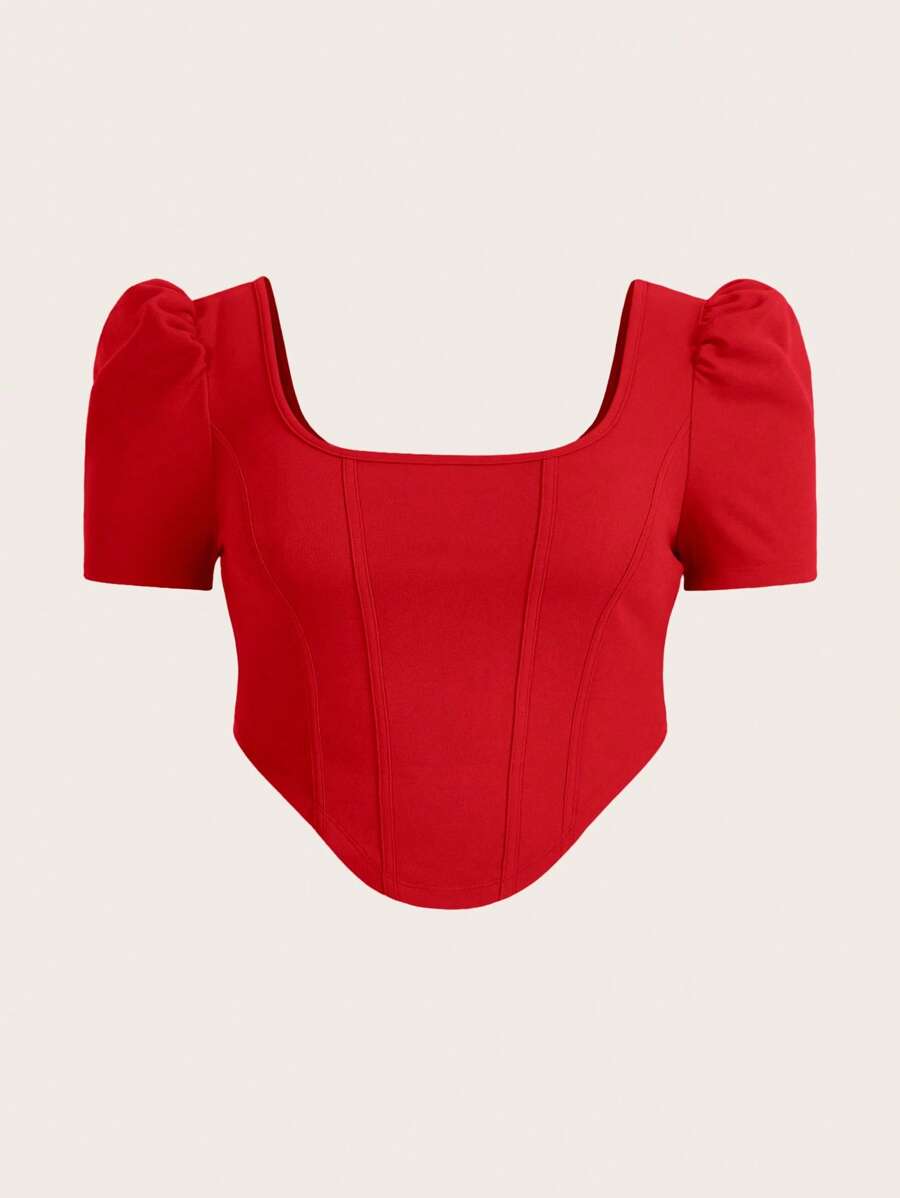 SHEIN MOD 大碼方領泡泡袖不對稱下擺短款T恤 - 紅色 - 查看 1