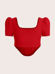 SHEIN MOD 大碼方領泡泡袖不對稱下擺短款T恤 - 紅色 - 查看 2