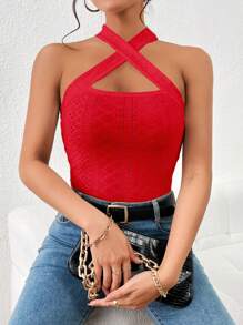 SHEIN Essnce 十字交叉網眼刺繡掛脖上衣 - 紅色 - 查看 3