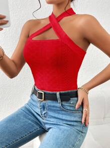 SHEIN Essnce 十字交叉網眼刺繡掛脖上衣 - 紅色 - 查看 5