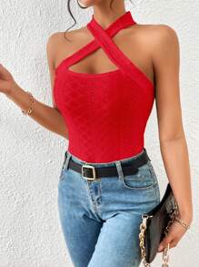 SHEIN Essnce 十字交叉網眼刺繡掛脖上衣 - 紅色 - 查看 6