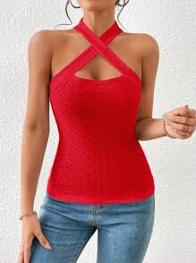 SHEIN Essnce 十字交叉網眼刺繡掛脖上衣 - 紅色 - 查看 7