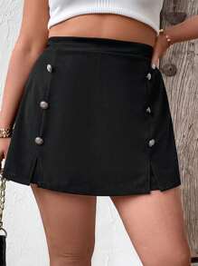 SHEIN LUNE Quần Short kích thước lớn Chia Nút giả màu trơn Giải trí - màu đen - Xem 2
