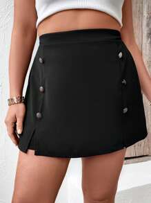 SHEIN LUNE Quần Short kích thước lớn Chia Nút giả màu trơn Giải trí - màu đen - Xem 5