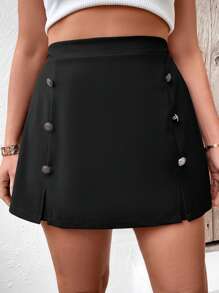 SHEIN LUNE Quần Short kích thước lớn Chia Nút giả màu trơn Giải trí - màu đen - Xem 1