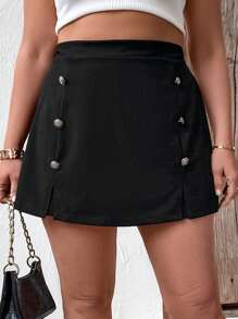 SHEIN LUNE Quần Short kích thước lớn Chia Nút giả màu trơn Giải trí - màu đen - Xem 6