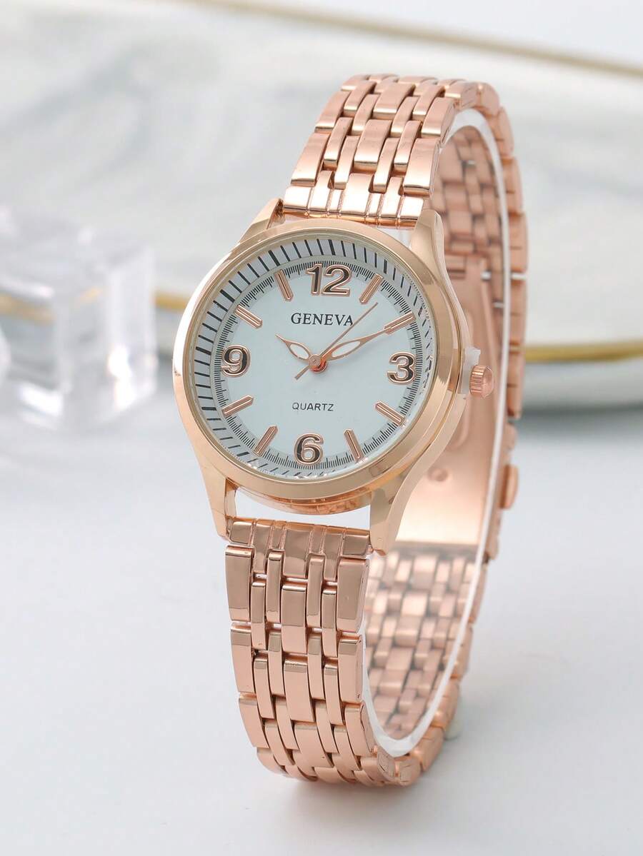 1只cuff Geneva手鍊手錶,時尚商務不銹鋼帶女士石英手表,生活防水 - 玫瑰金 - 查看 1