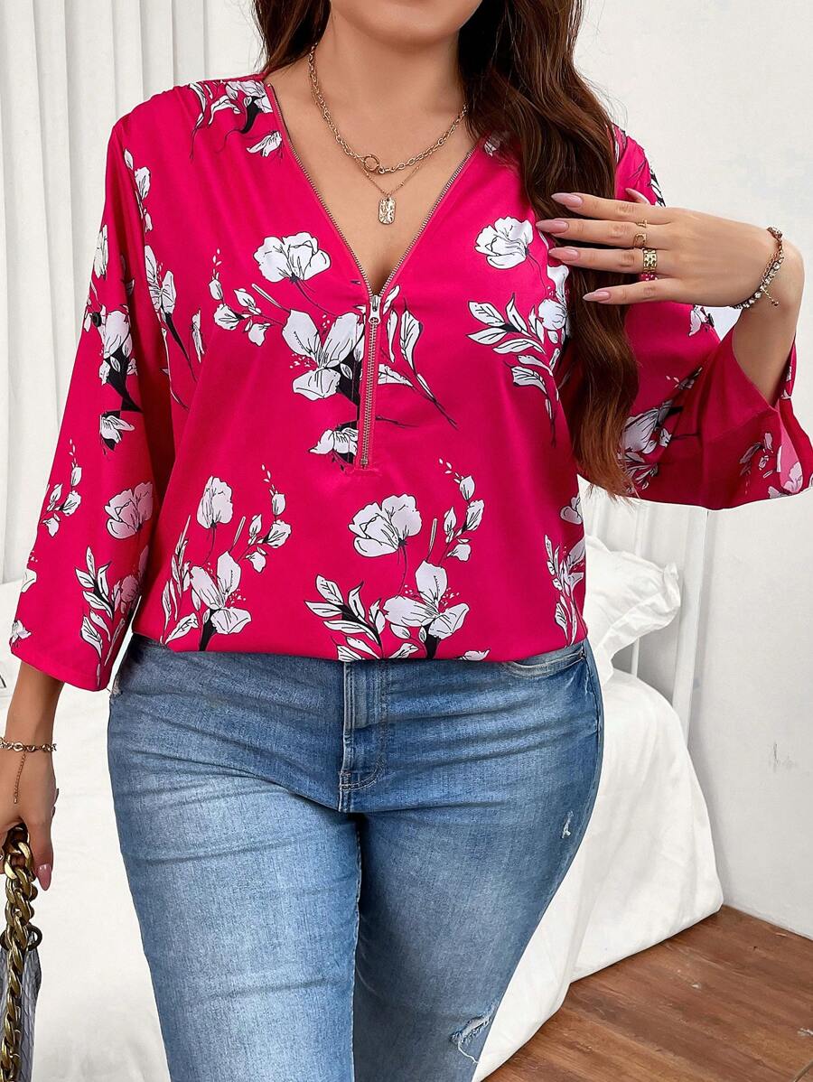 SHEIN LUNE Plus Floral Print Half Zip Blouse - Hot Pink - View 1