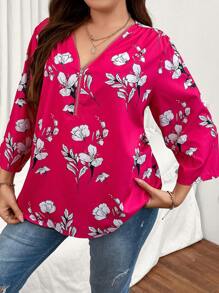 SHEIN LUNE Plus Floral Print Half Zip Blouse - Hot Pink - View 3