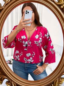 SHEIN LUNE Plus Floral Print Half Zip Blouse - Hot Pink - View 5