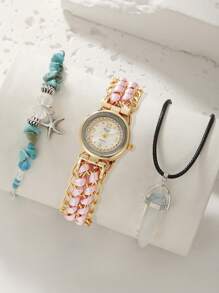 sloggi 1入組女士雙色編織細節金屬帶時尚水鑽裝飾圓形錶盤石英表和2入組首飾類適用於日常生活 - 粉色 - 查看 1