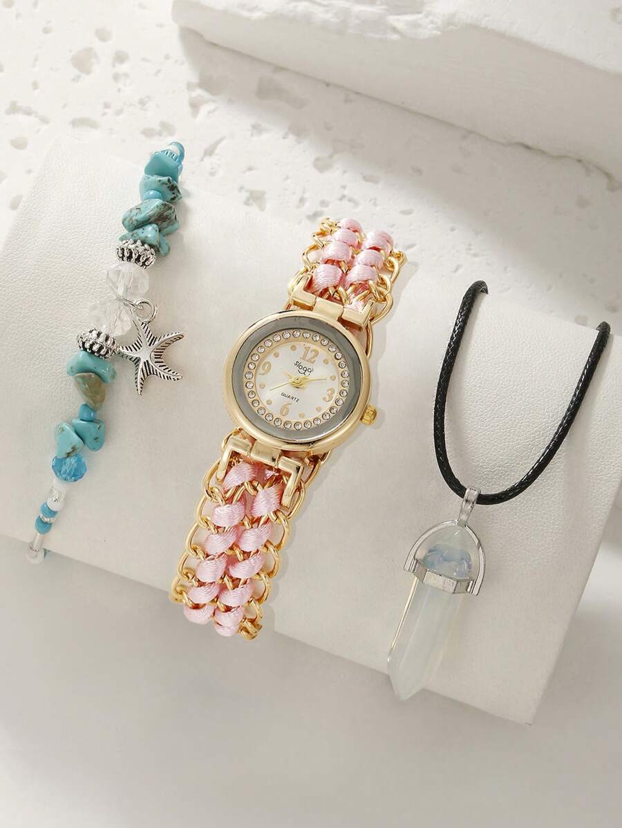 sloggi 1入組女士雙色編織細節金屬帶時尚水鑽裝飾圓形錶盤石英表和2入組首飾類適用於日常生活 - 粉色 - 查看 1