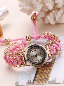 sloggi 1入組女士雙色編織細節金屬帶時尚水鑽裝飾圓形錶盤石英表和2入組首飾類適用於日常生活 - 粉色 - 查看 2