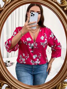 SHEIN LUNE Plus Floral Print Half Zip Blouse - Hot Pink - View 6