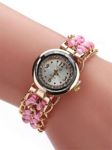 sloggi 1入組女士雙色編織細節金屬帶時尚水鑽裝飾圓形錶盤石英表和2入組首飾類適用於日常生活 - 粉色 - 查看 3