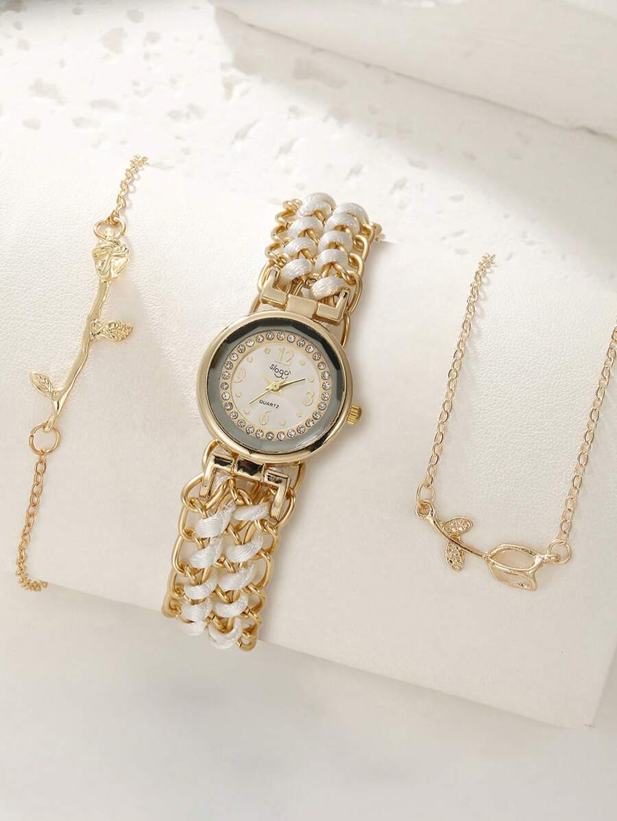sloggi 1 Nữ Hai Dây Bện Chi Tiết Dây Đeo Kim Loại Thời Trang Đá Trang Trí Mặt Tròn Đồng Hồ Thạch Anh & 2 Bộ Trang Sức, cho Cuộc Sống Hàng Ngày - trắng - Xem 1