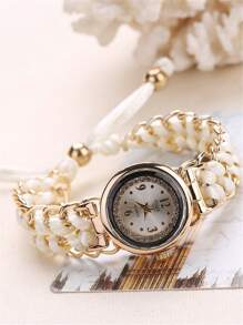 sloggi 1 Nữ Hai Dây Bện Chi Tiết Dây Đeo Kim Loại Thời Trang Đá Trang Trí Mặt Tròn Đồng Hồ Thạch Anh & 2 Bộ Trang Sức, cho Cuộc Sống Hàng Ngày - trắng - Xem 2