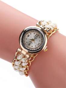 sloggi 1 Nữ Hai Dây Bện Chi Tiết Dây Đeo Kim Loại Thời Trang Đá Trang Trí Mặt Tròn Đồng Hồ Thạch Anh & 2 Bộ Trang Sức, cho Cuộc Sống Hàng Ngày - trắng - Xem 3