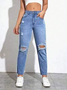 SHEIN EZwear Ripped Mom Fit Jeans - Medium Wash - View 1