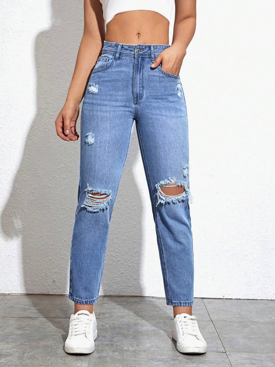 SHEIN EZwear Ripped Mom Fit Jeans - Medium Wash - View 1