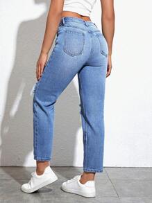 SHEIN EZwear Ripped Mom Fit Jeans - Medium Wash - View 2