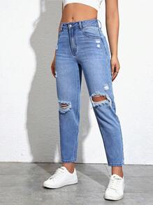 SHEIN EZwear Ripped Mom Fit Jeans - Medium Wash - View 3