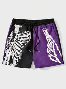 ROMWE MEN Goth 男士骷髅圖案雙色腰部抽繩短褲 - 彩色 - 查看 1