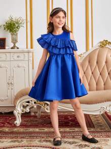 SHEIN Tween Girl 1pc Asymmetrical Shoulder Ruffle Trim Dress - Royal Blue - View 6