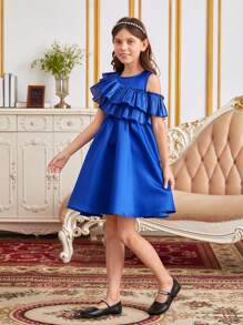SHEIN Tween Girl 1pc Asymmetrical Shoulder Ruffle Trim Dress - Royal Blue - View 8
