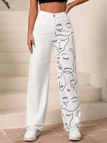 SHEIN EZwear Figure Graphic Straight Leg Jeans - White - View 1