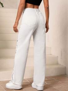 SHEIN EZwear Figure Graphic Straight Leg Jeans - White - View 2