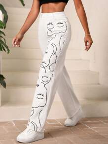 SHEIN EZwear Figure Graphic Straight Leg Jeans - White - View 3