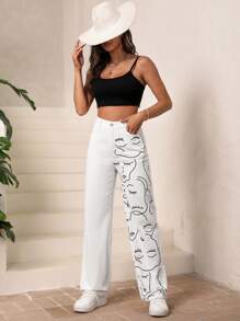 SHEIN EZwear Figure Graphic Straight Leg Jeans - White - View 4