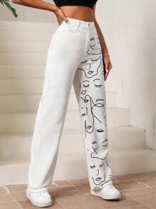 SHEIN EZwear Figure Graphic Straight Leg Jeans - White - View 5