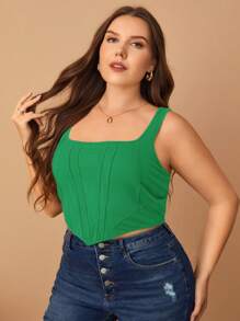 SHEIN Privé Áo hai dây Plus Size Bất đối xứng màu trơn Giải trí - màu xanh lá - Xem 4