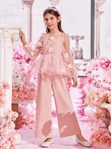 SHEIN Bộ hai mảnh Gái Nút Thêu Đề can Tương phản Mesh cắt Hoa Buổi tiệc - Màu Hồng  San hô - Xem 3