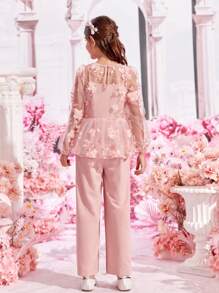 SHEIN Bộ hai mảnh Gái Nút Thêu Đề can Tương phản Mesh cắt Hoa Buổi tiệc - Màu Hồng  San hô - Xem 7