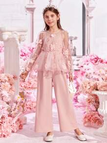 SHEIN Bộ hai mảnh Gái Nút Thêu Đề can Tương phản Mesh cắt Hoa Buổi tiệc - Màu Hồng  San hô - Xem 8