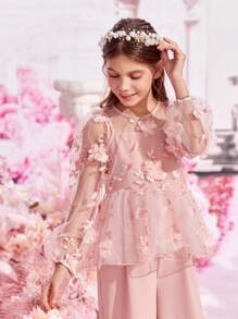 SHEIN Bộ hai mảnh Gái Nút Thêu Đề can Tương phản Mesh cắt Hoa Buổi tiệc - Màu Hồng  San hô - Xem 5