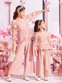 SHEIN Bộ hai mảnh Gái Nút Thêu Đề can Tương phản Mesh cắt Hoa Buổi tiệc - Màu Hồng  San hô - Xem 9