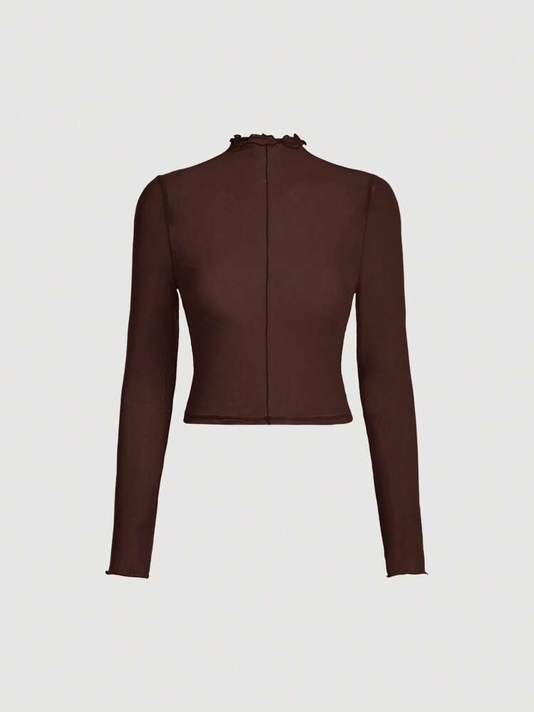 SHEIN MOD Top crop de cuello alto ribete en forma de lechuga - Marrón Chocolate - Añade 1