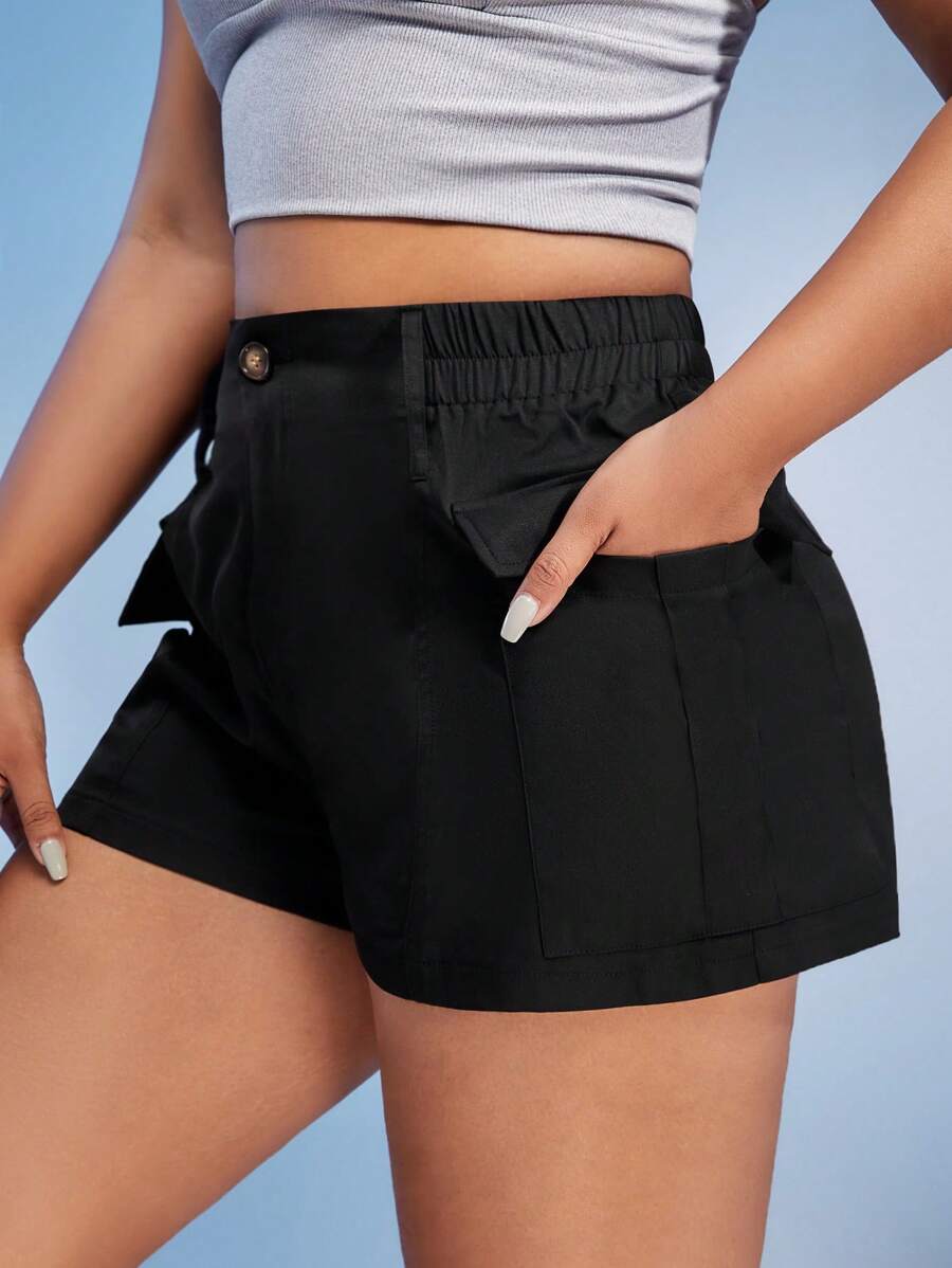 SHEIN ICON Plus Solid Pocket Side Shorts - Black - View 1