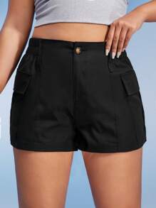SHEIN ICON Plus Solid Pocket Side Shorts - Black - View 3