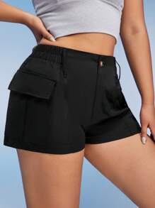 SHEIN ICON Plus Solid Pocket Side Shorts - Black - View 4