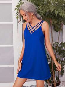 SHEIN Clasi Đầm Hội Chữ thập màu trơn Giải trí - Xanh đậm - Xem 1