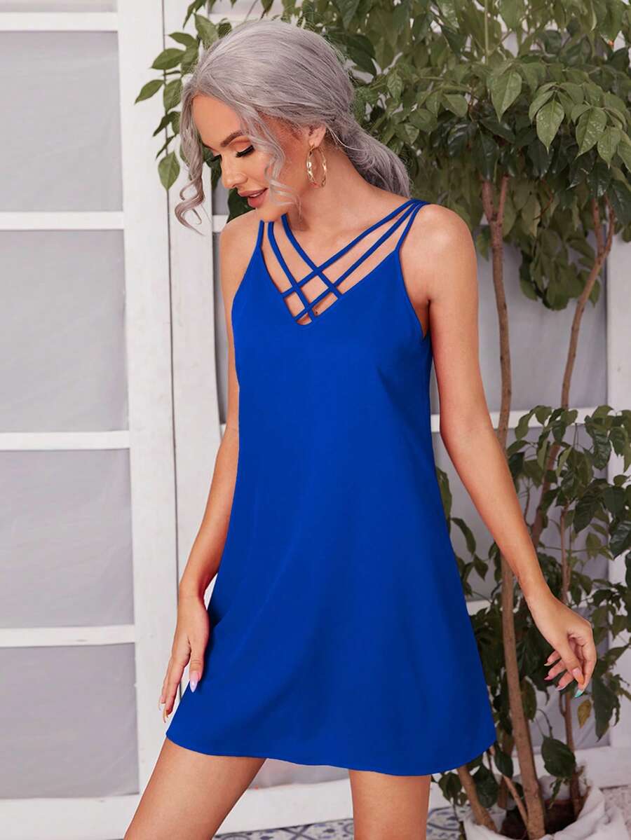 SHEIN Clasi Đầm Hội Chữ thập màu trơn Giải trí - Xanh đậm - Xem 1