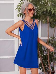 SHEIN Clasi Đầm Hội Chữ thập màu trơn Giải trí - Xanh đậm - Xem 4