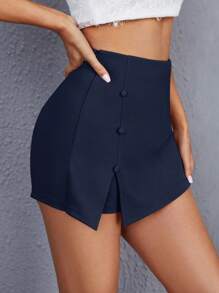 SHEIN Privé Solid Button Detail Split Hem Skort - Navy Blue - View 3