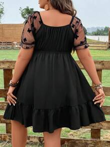 SHEIN Clasi Plus Contrast Mesh Twist Front Ruffle Hem Dress - Black - View 2