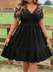 SHEIN Clasi Plus Contrast Mesh Twist Front Ruffle Hem Dress - Black - View 3